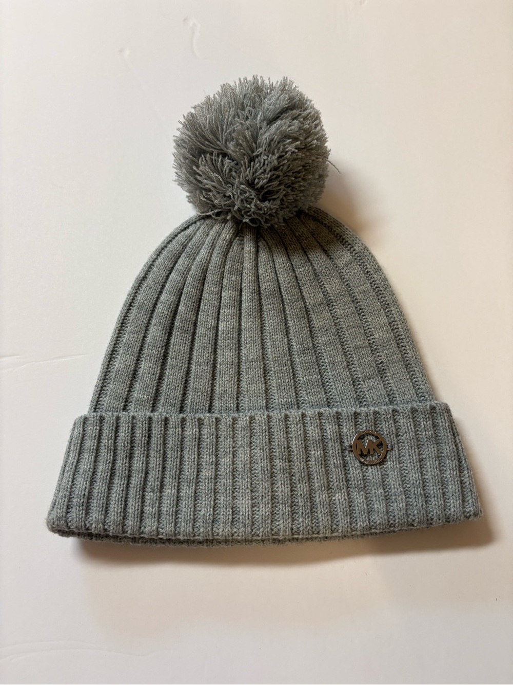 Michael Kors Gray Ribbed Pom-Pom Beanie with Metal Logo OSFM